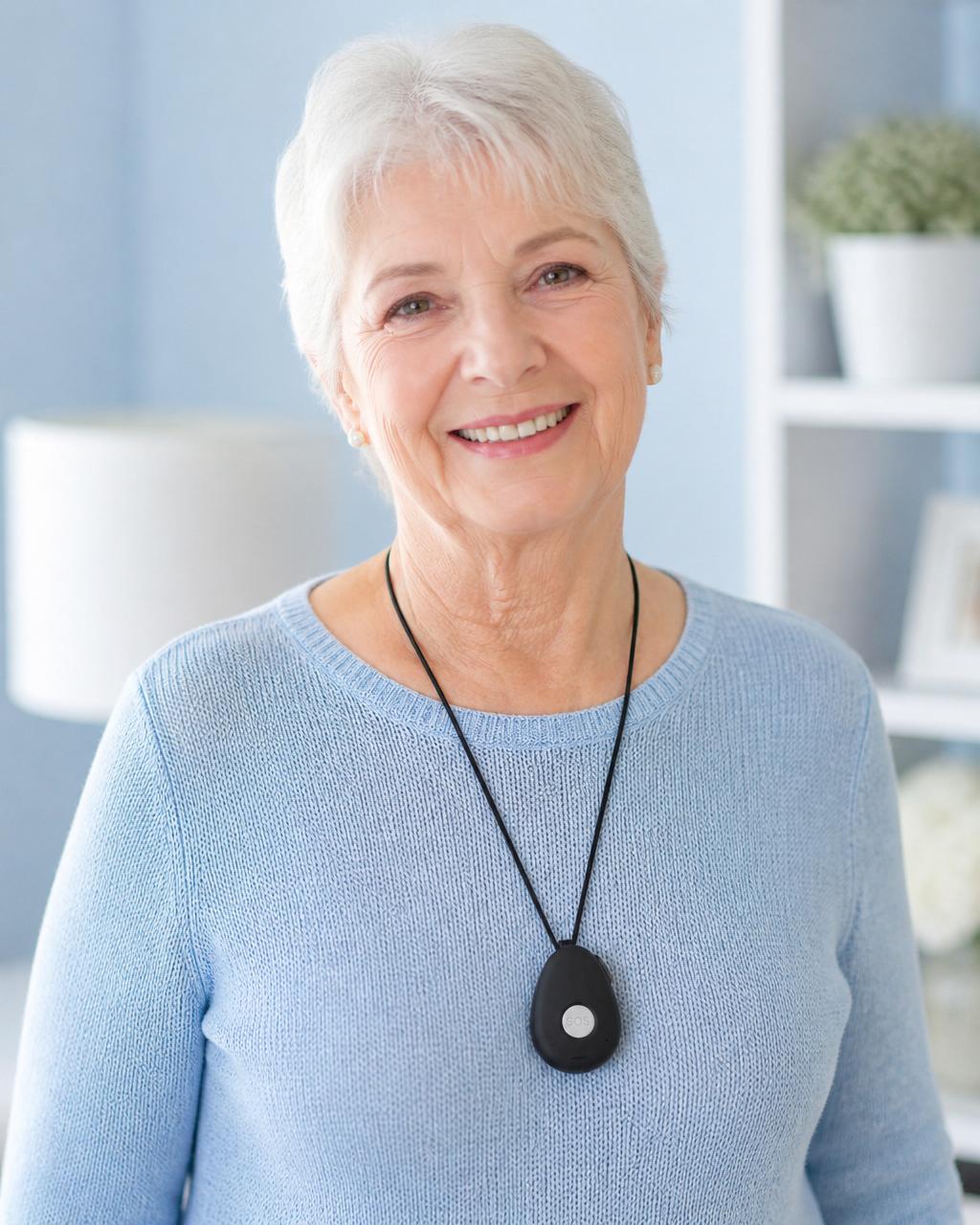 Smiling woman wearing a personal alarm pendant